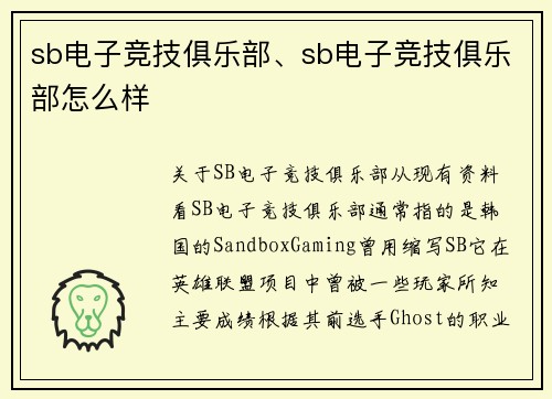 sb电子竞技俱乐部、sb电子竞技俱乐部怎么样